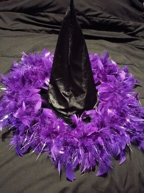 Black Witch Hat with Purple Feather Boa Trim
